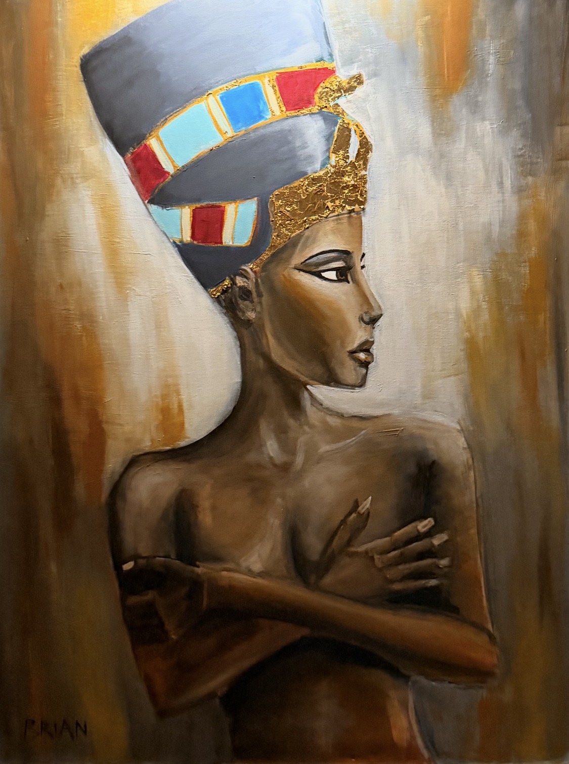 Crowned in Resilience — portrait of Nefertiti in profile with blue crown