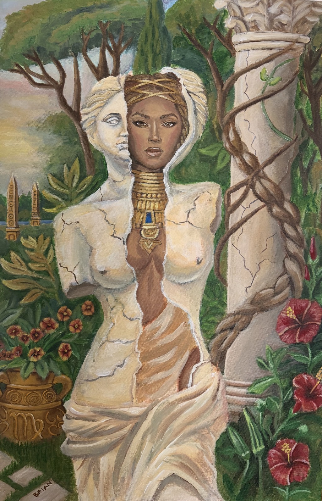 Garden Renaissance — surreal painting of a figure emerging from classical marble