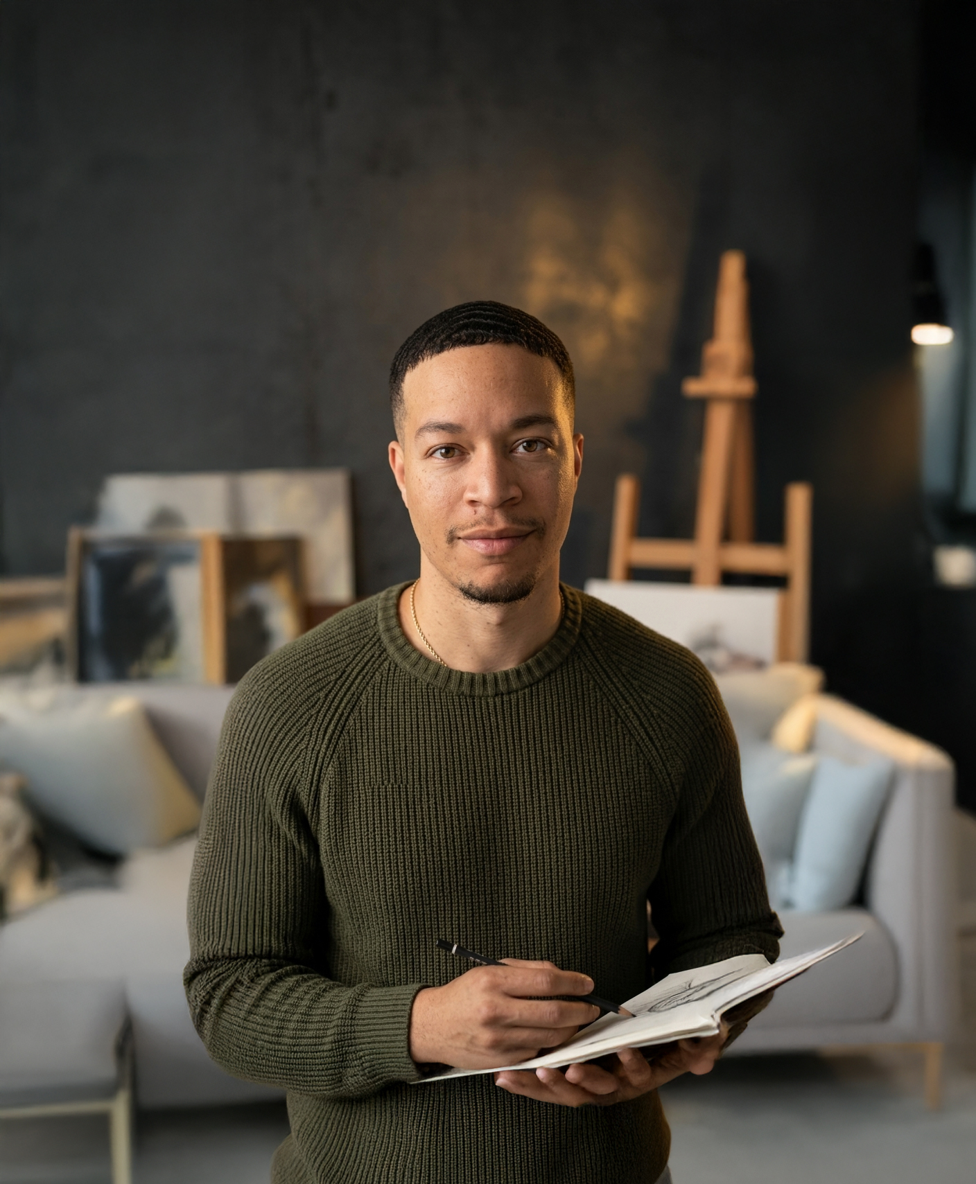 Brian Ollison in the studio, holding a sketchbook and pencil